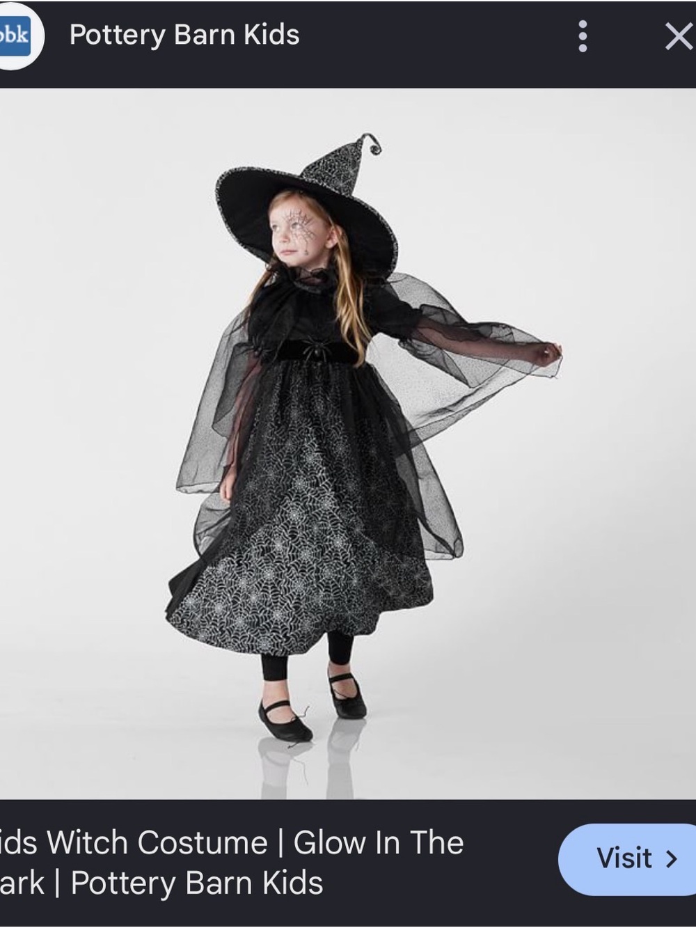Pottery Barn Kids Black Glow Spiderweb Witch Costume with Hat